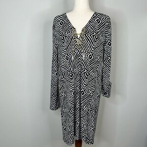 Michael Kors Long Sleeve Chain lace Up Black and White Geometric Print Dress